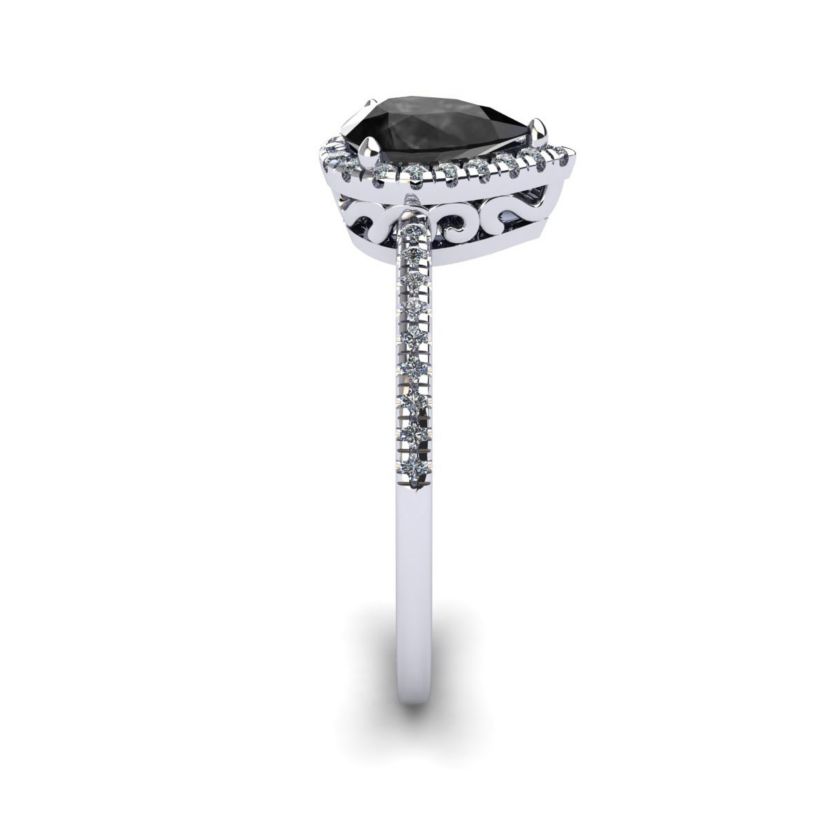 1cttw Pear Shape Black Onyx and Halo Diamond Ring In Sterling Silver