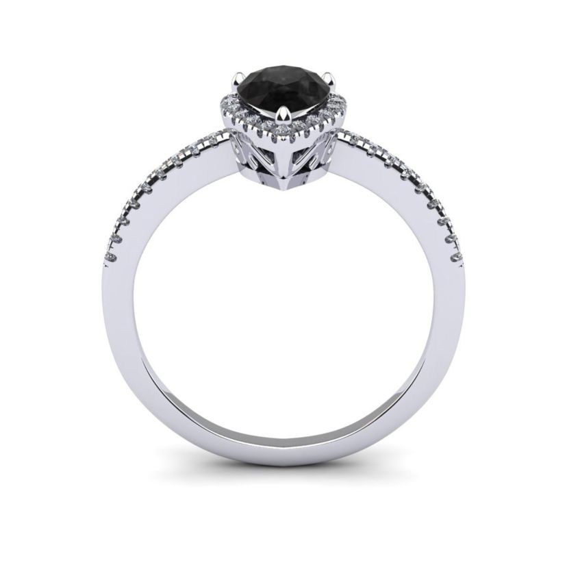 1cttw Pear Shape Black Onyx and Halo Diamond Ring In Sterling Silver