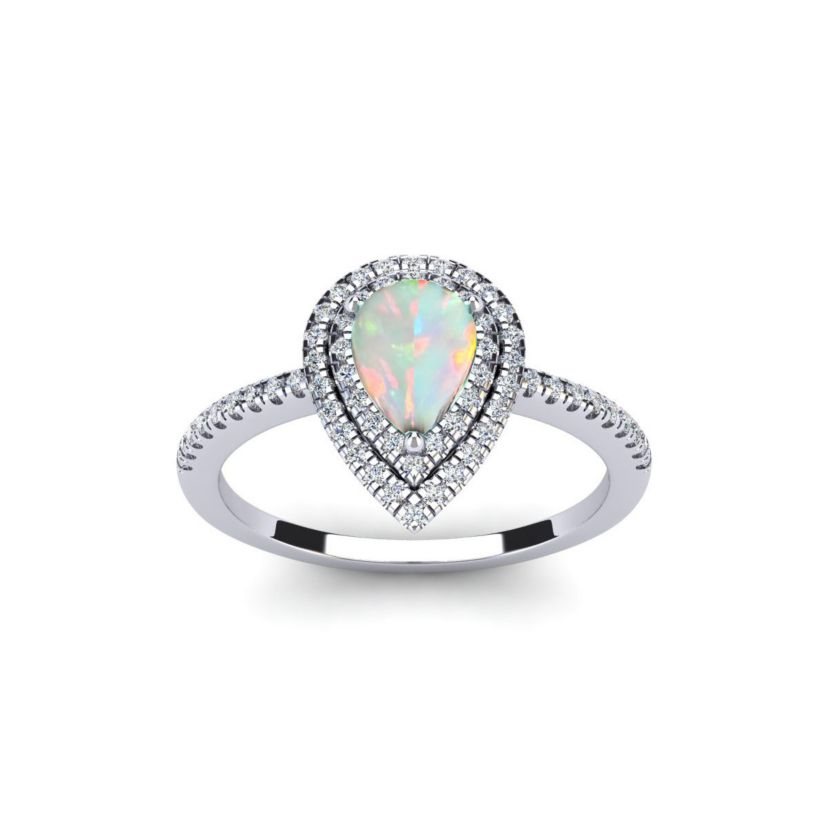Lab Created 1cttw Pear Shape Created Opal and Double Halo Diamond Ring In Sterling Silver