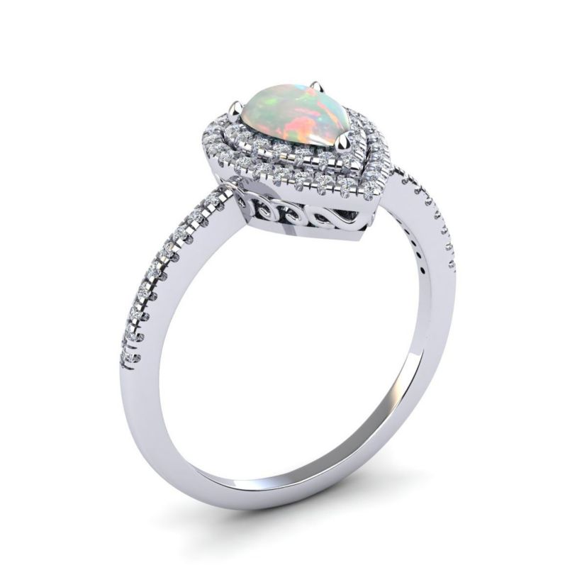 Lab Created 1cttw Pear Shape Created Opal and Double Halo Diamond Ring In Sterling Silver
