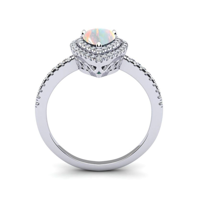 Lab Created 1cttw Pear Shape Created Opal and Double Halo Diamond Ring In Sterling Silver