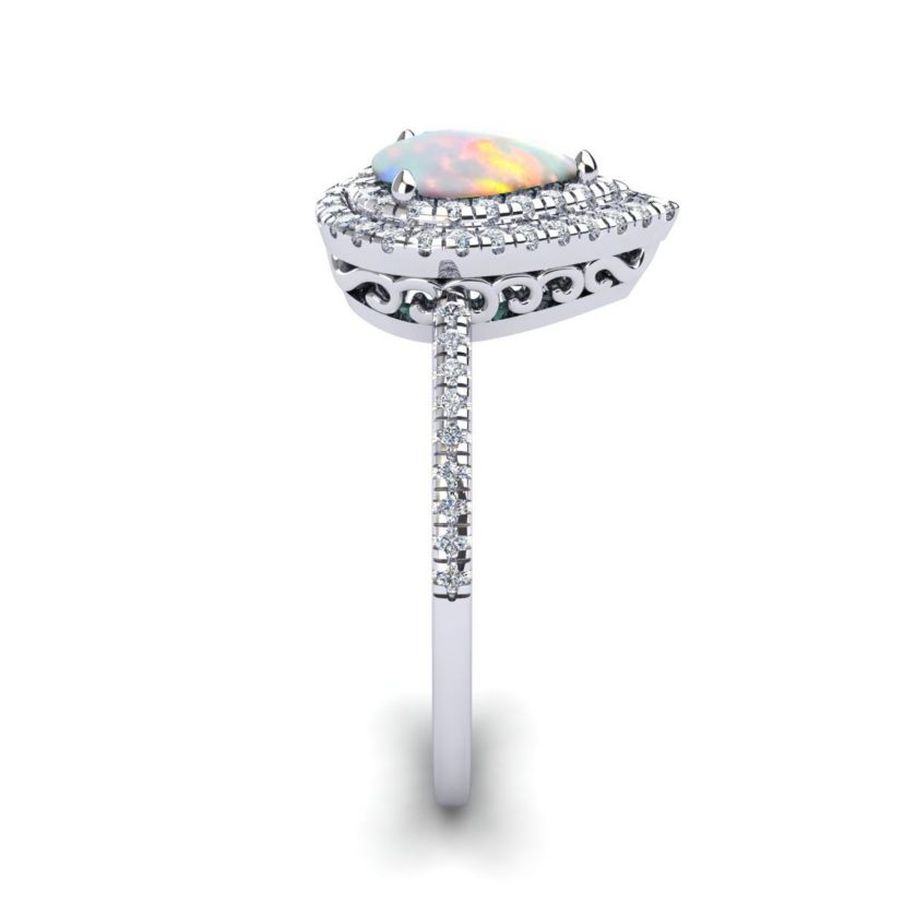 Lab Created 1cttw Pear Shape Created Opal and Double Halo Diamond Ring In Sterling Silver