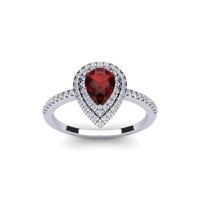 Belk & Co 1cttw Pear Shape Garnet and Double Halo Diamond Ring In Sterling Silver, White, 5