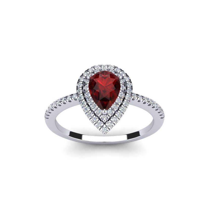 1cttw Pear Shape Garnet and Double Halo Diamond Ring In Sterling Silver