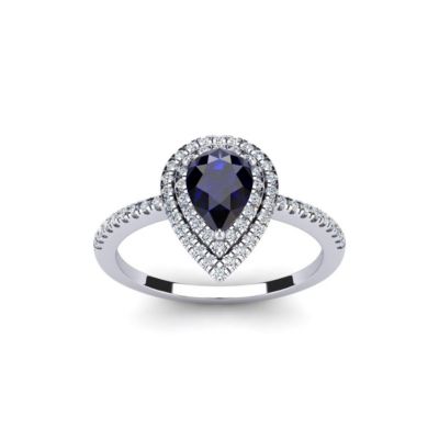 Belk & Co Lab Created 1cttw Pear Shape Created Sapphire and Double Halo Diamond Ring In Sterling Silver, White, 9.5