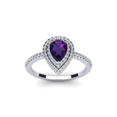 Belk & Co 1cttw Pear Shape Amethyst and Double Halo Diamond Ring In Sterling Silver, White, 5.5