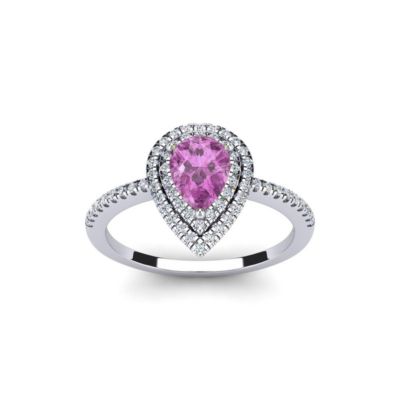 Belk & Co Lab Created 1cttw Pear Shape Created Pink Sapphire and Double Halo Diamond Ring In Sterling Silver, White, 7.5