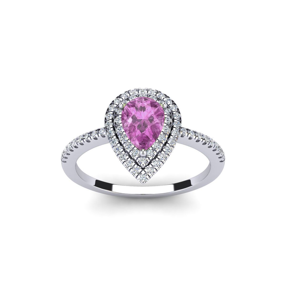 Lab Created 1cttw Pear Shape Created Pink Sapphire and Double Halo Diamond Ring In Sterling Silver