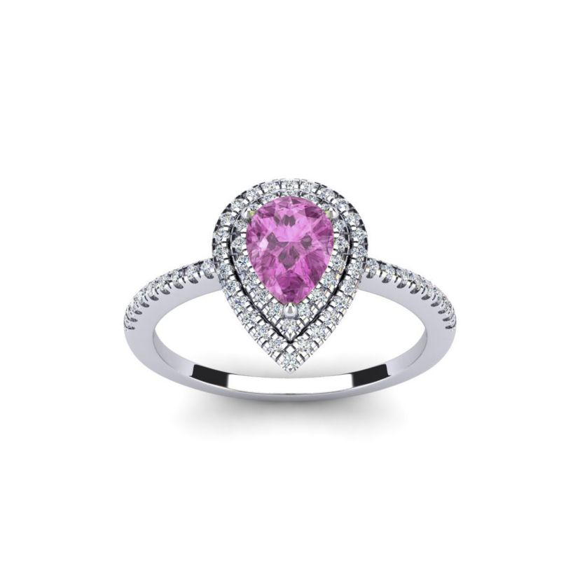 Lab Created 1cttw Pear Shape Created Pink Sapphire and Double Halo Diamond Ring In Sterling Silver