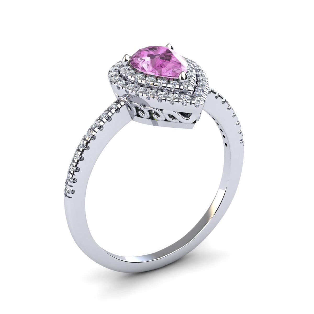 Lab Created 1cttw Pear Shape Created Pink Sapphire and Double Halo Diamond Ring In Sterling Silver