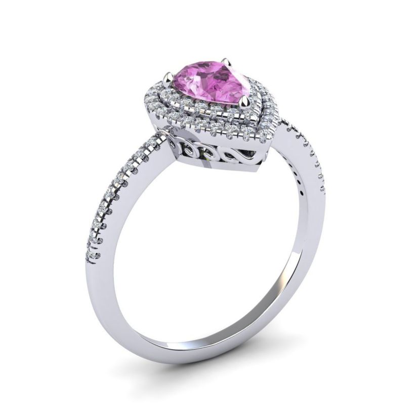 Lab Created 1cttw Pear Shape Created Pink Sapphire and Double Halo Diamond Ring In Sterling Silver