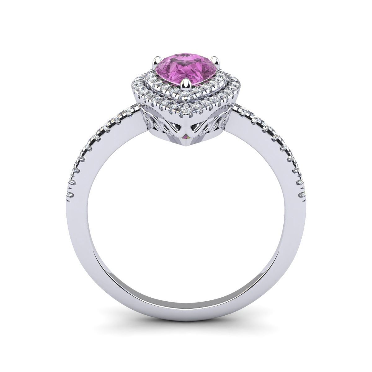 Lab Created 1cttw Pear Shape Created Pink Sapphire and Double Halo Diamond Ring In Sterling Silver