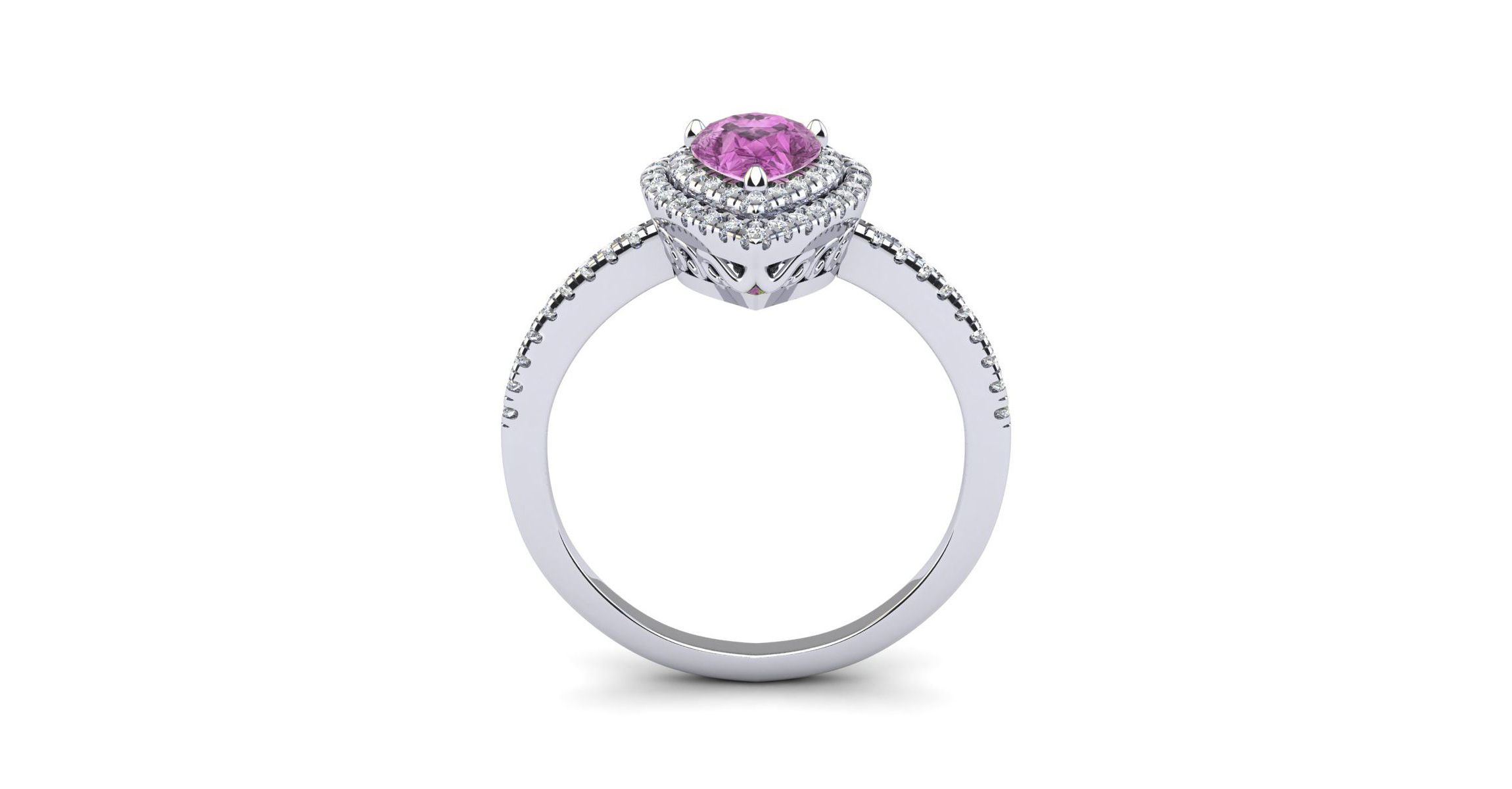 Lab Created 1cttw Pear Shape Created Pink Sapphire and Double Halo Diamond Ring In Sterling Silver