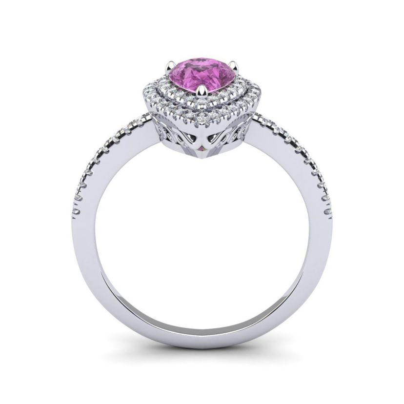 Lab Created 1cttw Pear Shape Created Pink Sapphire and Double Halo Diamond Ring In Sterling Silver