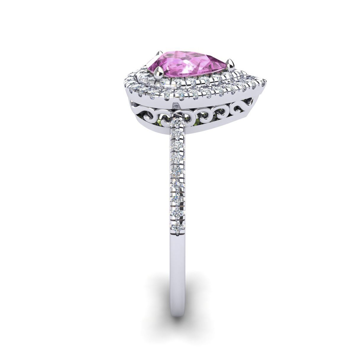 Lab Created 1cttw Pear Shape Created Pink Sapphire and Double Halo Diamond Ring In Sterling Silver