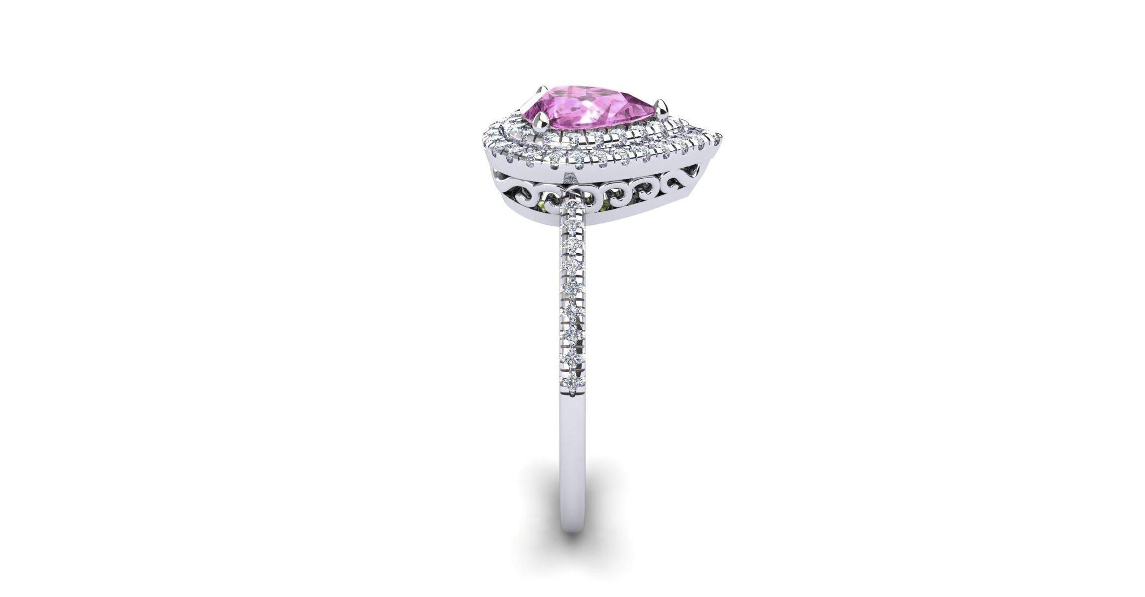 Lab Created 1cttw Pear Shape Created Pink Sapphire and Double Halo Diamond Ring In Sterling Silver