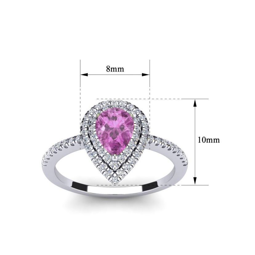 Lab Created 1cttw Pear Shape Created Pink Sapphire and Double Halo Diamond Ring In Sterling Silver