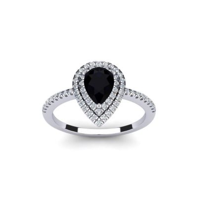 Belk & Co 1cttw Pear Shape Black Onyx and Double Halo Diamond Ring In Sterling Silver, White, 8.5