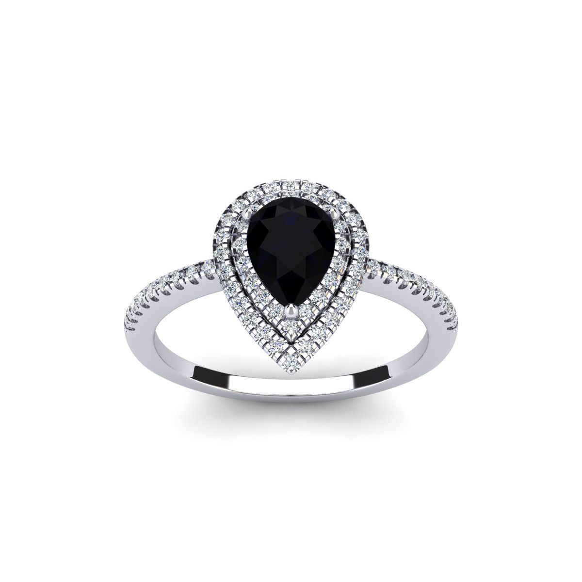 1cttw Pear Shape Black Onyx and Double Halo Diamond Ring In Sterling Silver