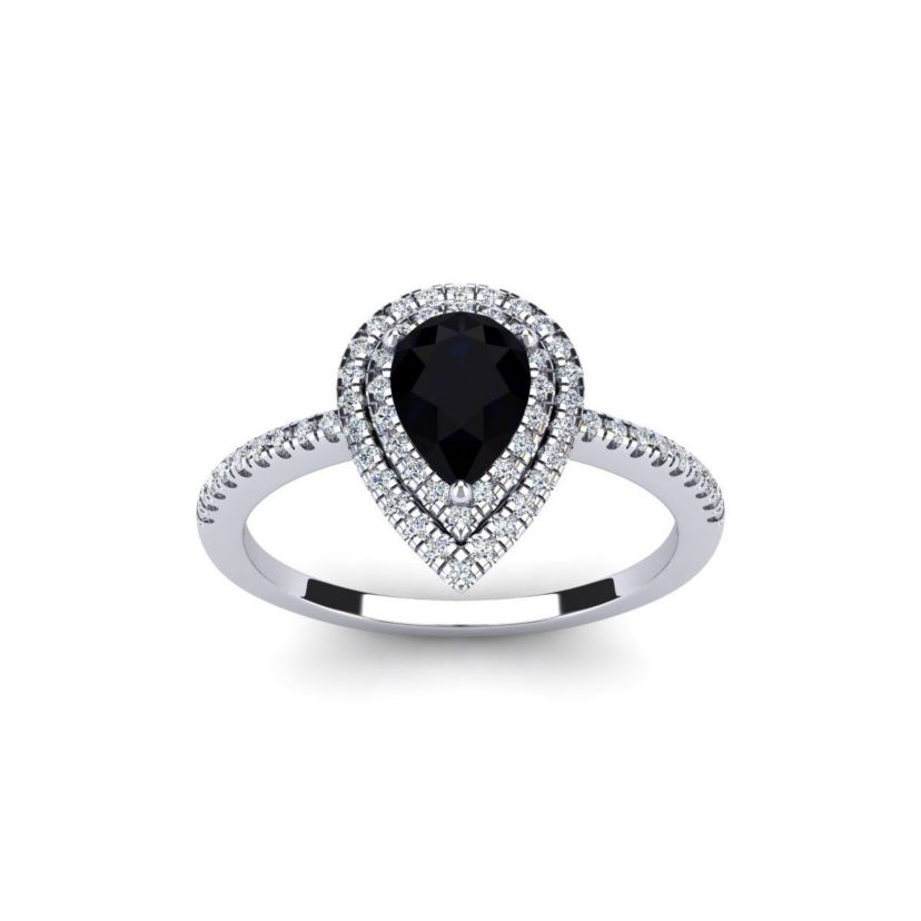 1cttw Pear Shape Black Onyx and Double Halo Diamond Ring In Sterling Silver