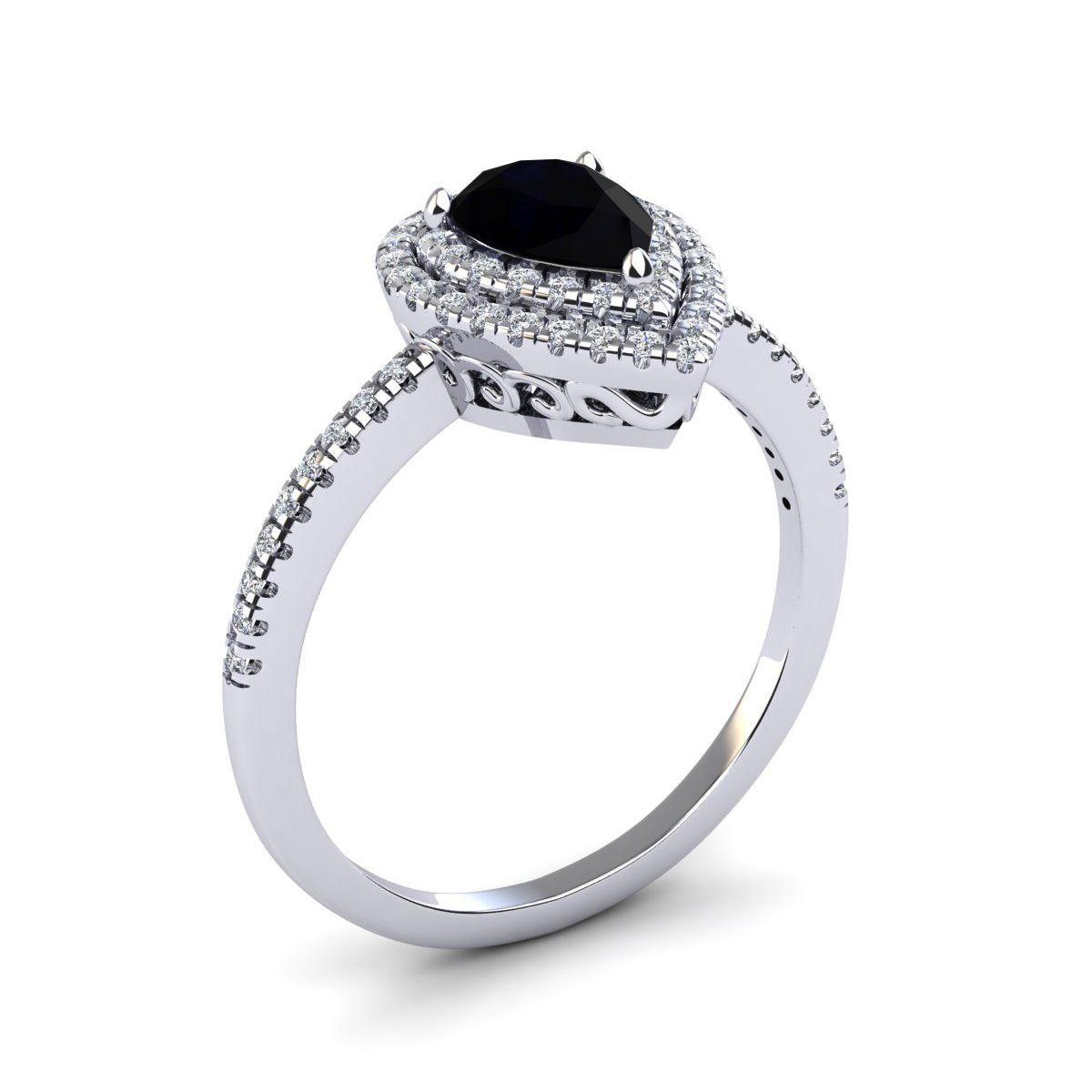 1cttw Pear Shape Black Onyx and Double Halo Diamond Ring In Sterling Silver