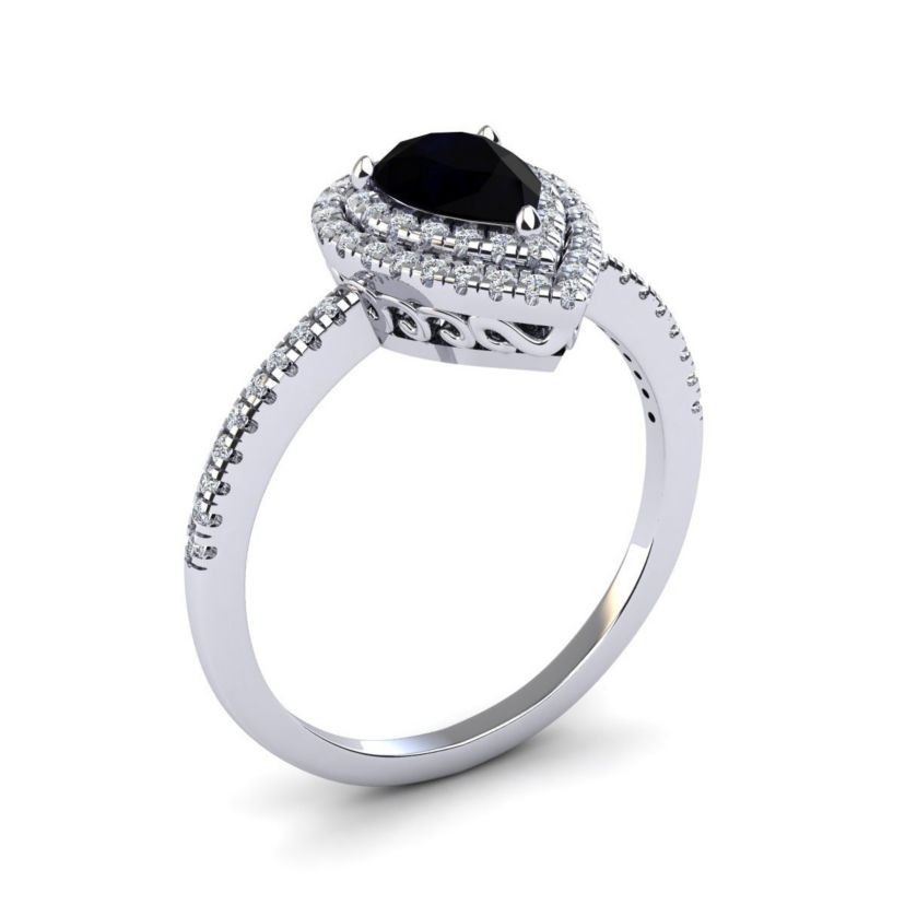 1cttw Pear Shape Black Onyx and Double Halo Diamond Ring In Sterling Silver