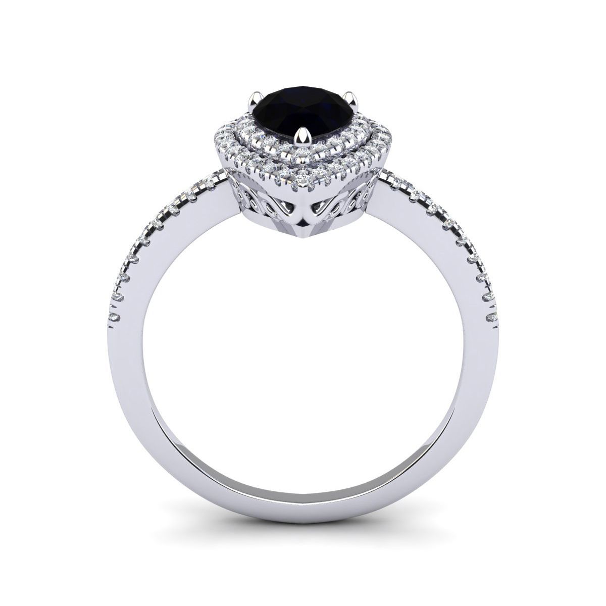 1cttw Pear Shape Black Onyx and Double Halo Diamond Ring In Sterling Silver