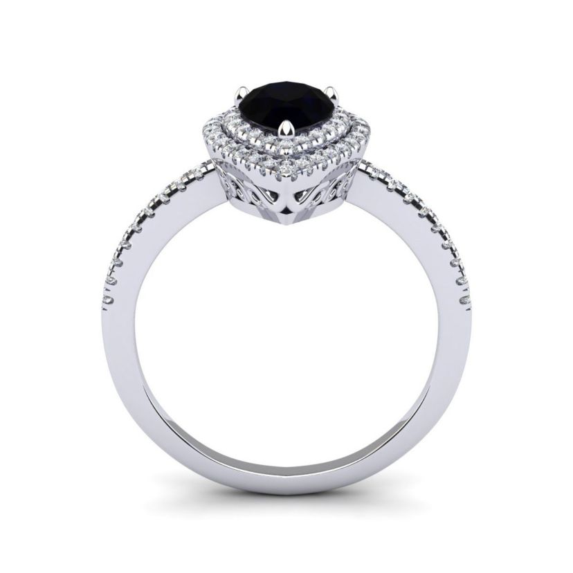 1cttw Pear Shape Black Onyx and Double Halo Diamond Ring In Sterling Silver