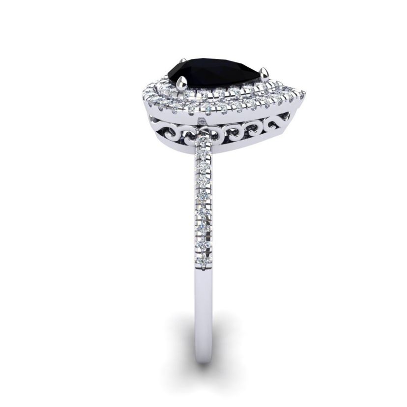 1cttw Pear Shape Black Onyx and Double Halo Diamond Ring In Sterling Silver