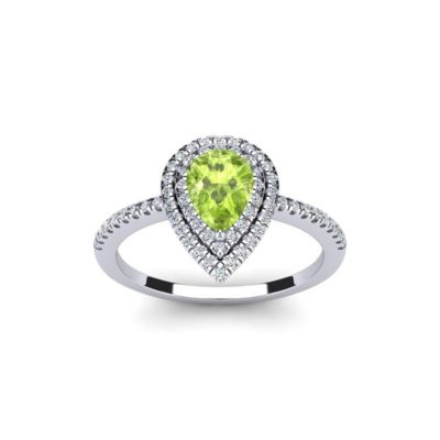 Belk & Co 1cttw Pear Shape Peridot and Double Halo Diamond Ring In Sterling Silver, White, 8