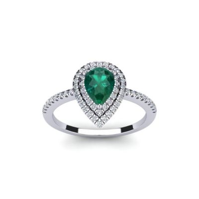 Belk & Co Lab Created 1cttw Pear Shape Created Emerald and Double Halo Diamond Ring In Sterling Silver