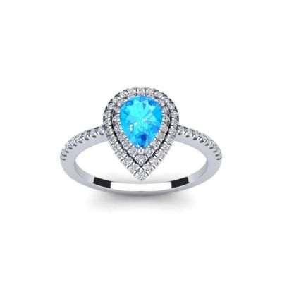 Belk & Co 1cttw Pear Shape Blue Topaz and Double Halo Diamond Ring In Sterling Silver