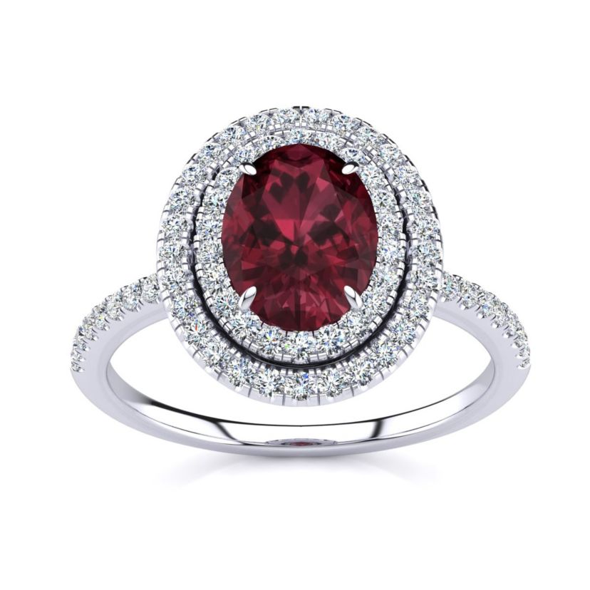 1 1/2cttw Oval Shape Garnet and Double Halo Diamond Ring In Sterling Silver