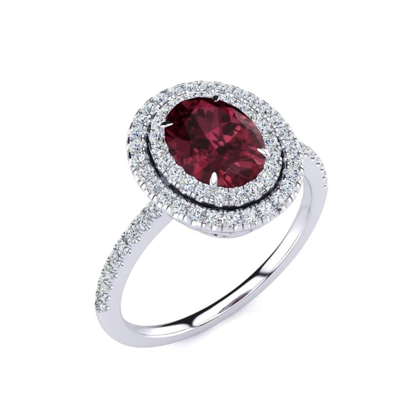 1 1/2cttw Oval Shape Garnet and Double Halo Diamond Ring In Sterling Silver