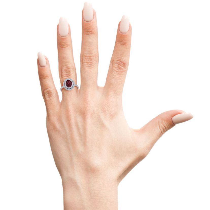 1 1/2cttw Oval Shape Garnet and Double Halo Diamond Ring In Sterling Silver