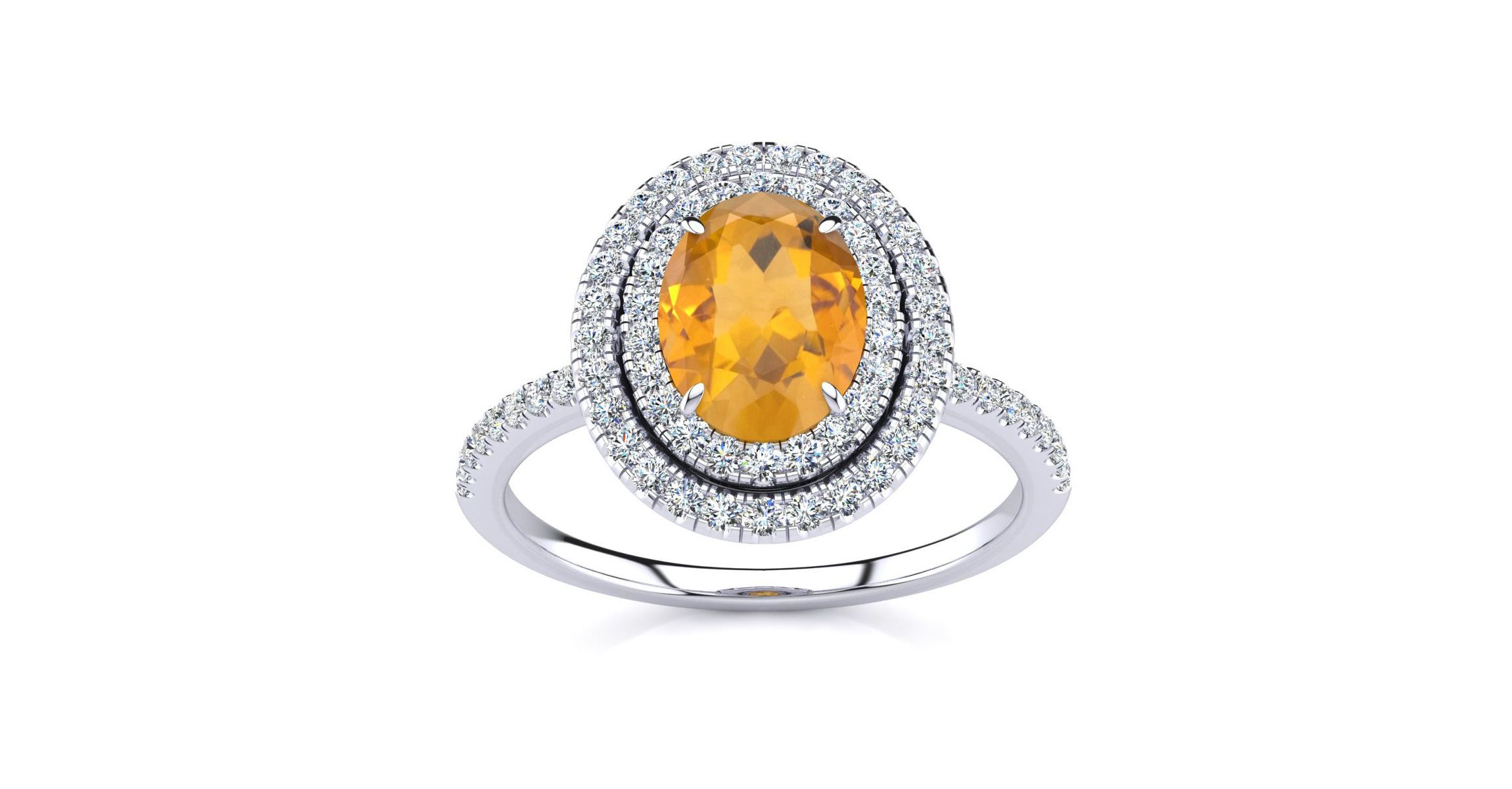 1 1/2cttw Oval Shape Citrine and Double Halo Diamond Ring In Sterling Silver