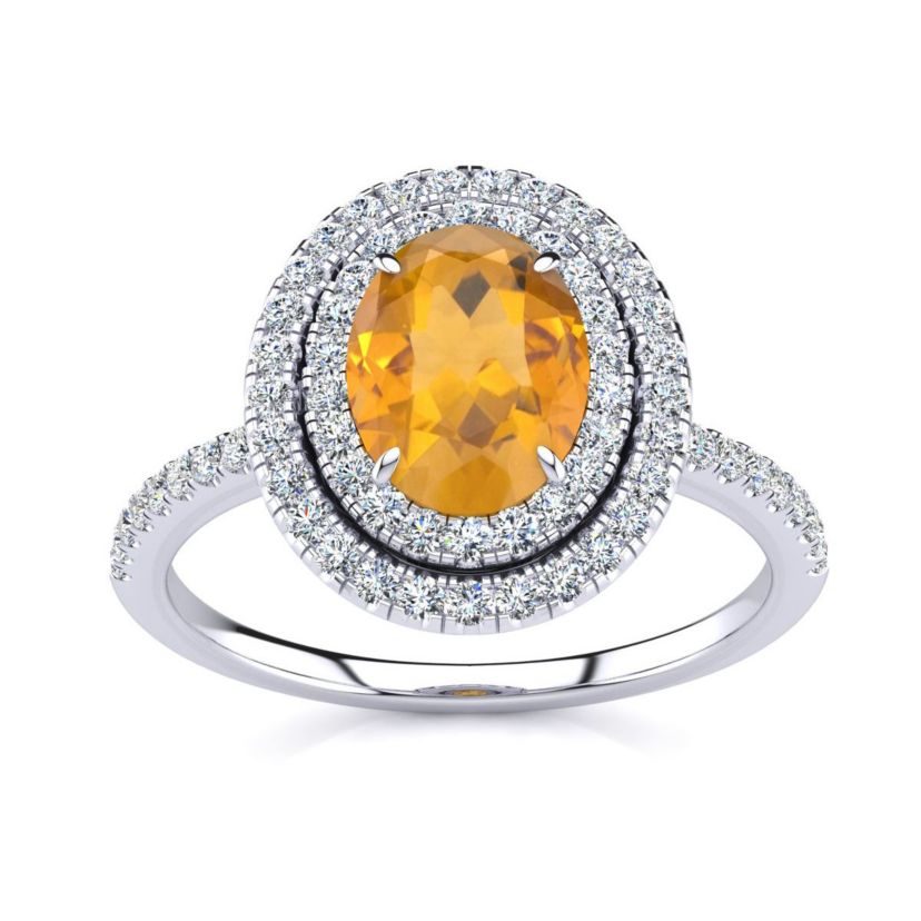 1 1/2cttw Oval Shape Citrine and Double Halo Diamond Ring In Sterling Silver
