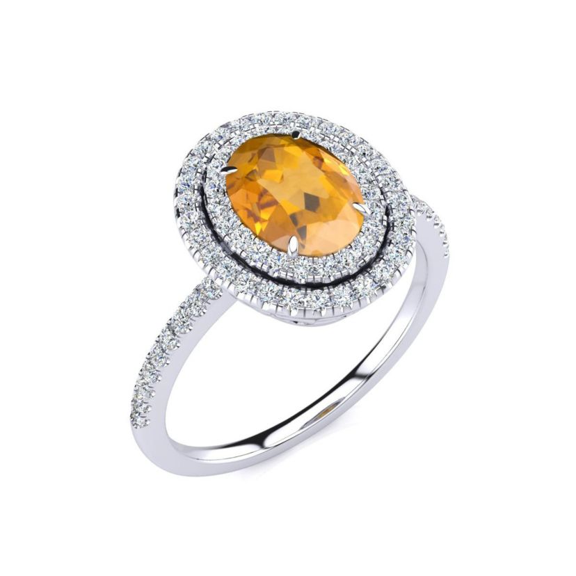 1 1/2cttw Oval Shape Citrine and Double Halo Diamond Ring In Sterling Silver