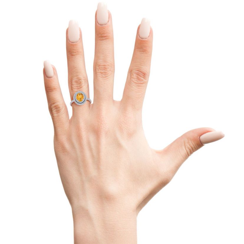 1 1/2cttw Oval Shape Citrine and Double Halo Diamond Ring In Sterling Silver