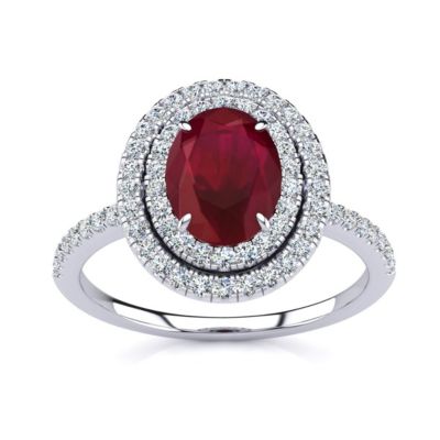Lab Created 1 1/2cttw Oval Shape Ruby and Double Halo Diamond Ring Sterling Silver