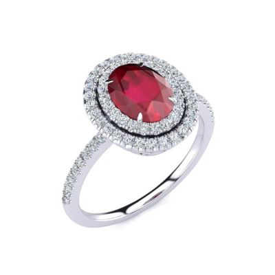 Lab Created 1 1/2cttw Oval Shape Ruby and Double Halo Diamond Ring Sterling Silver