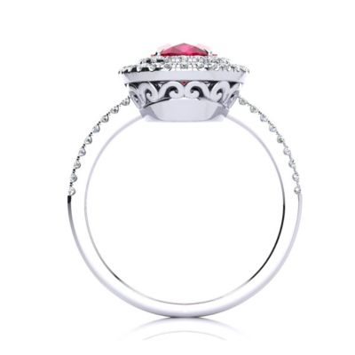 Lab Created 1 1/2cttw Oval Shape Ruby and Double Halo Diamond Ring Sterling Silver