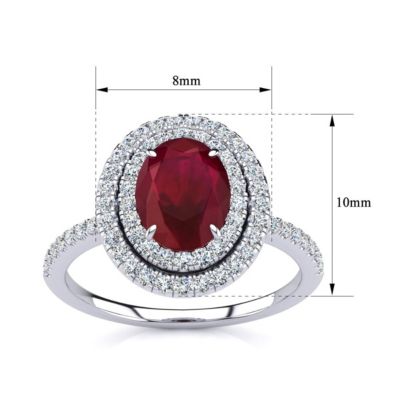 Lab Created 1 1/2cttw Oval Shape Ruby and Double Halo Diamond Ring Sterling Silver