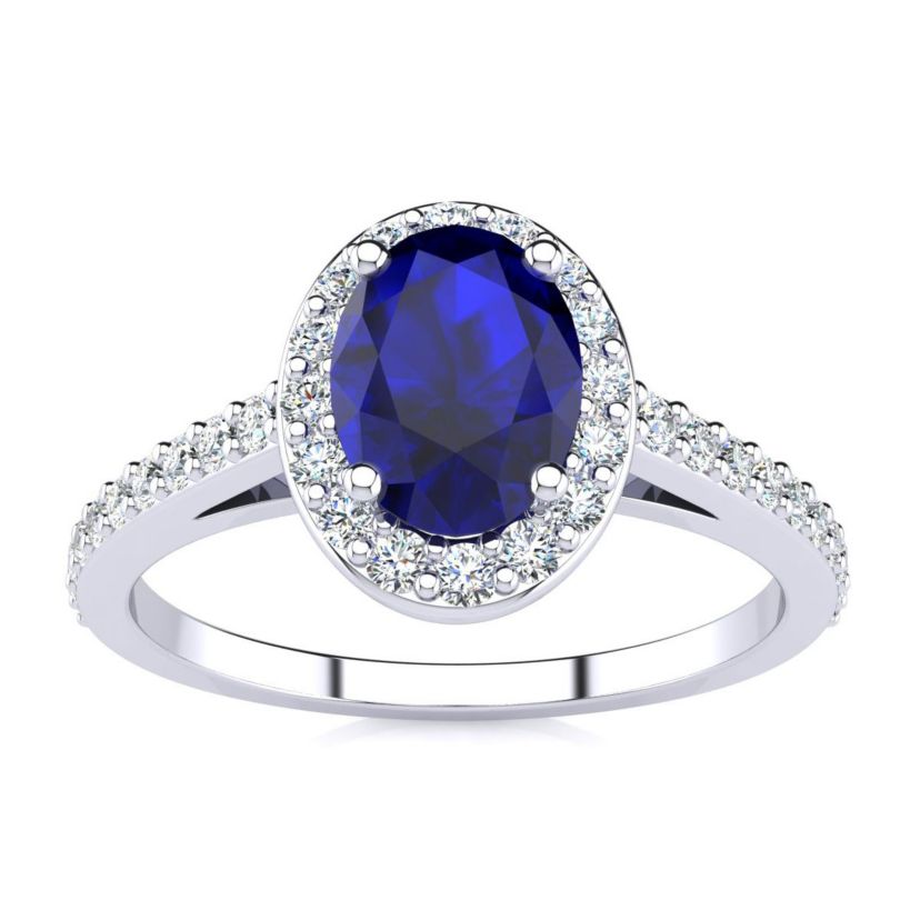 Lab Created 1cttw Oval Shape Created Sapphire and Halo Diamond Ring In Sterling Silver