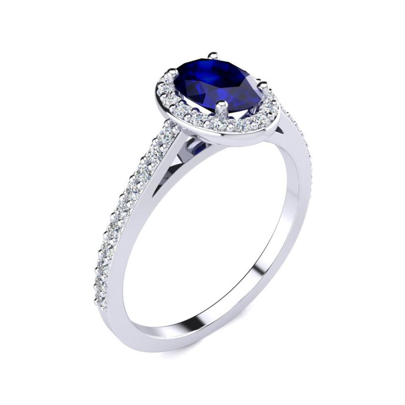 Lab Created 1cttw Oval Shape Created Sapphire and Halo Diamond Ring In Sterling Silver
