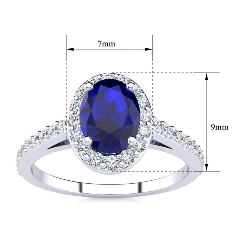 Lab Created 1cttw Oval Shape Created Sapphire and Halo Diamond Ring In Sterling Silver