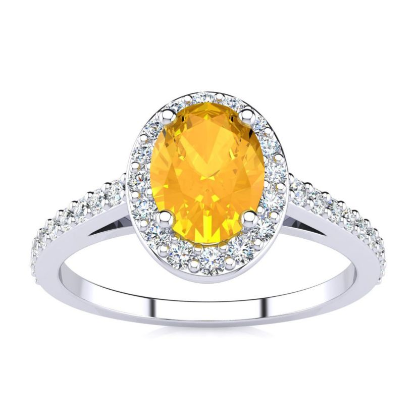 1cttw Oval Shape Citrine and Halo Diamond Ring In Sterling Silver