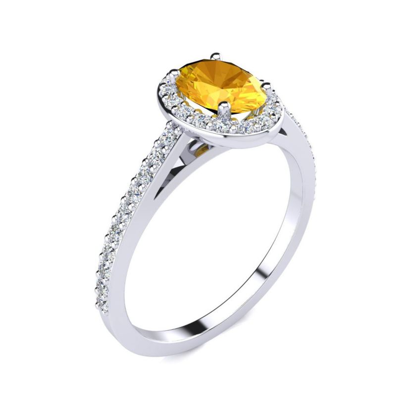 1cttw Oval Shape Citrine and Halo Diamond Ring In Sterling Silver