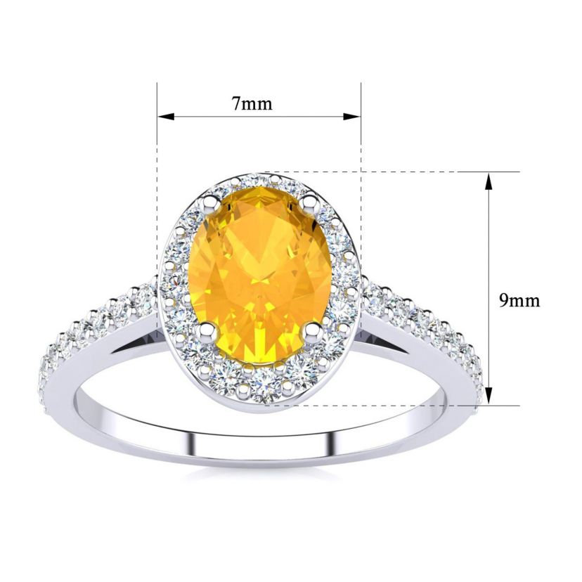 1cttw Oval Shape Citrine and Halo Diamond Ring In Sterling Silver