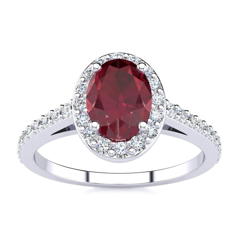 Lab Created 1cttw Oval Shape Created Ruby and Halo Diamond Ring In Sterling Silver